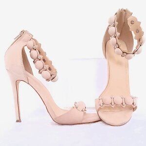 Olivia Ferguson Tan Microsuede 4.5 Inch Stiletto Open Toe Shoe, Size 7.5